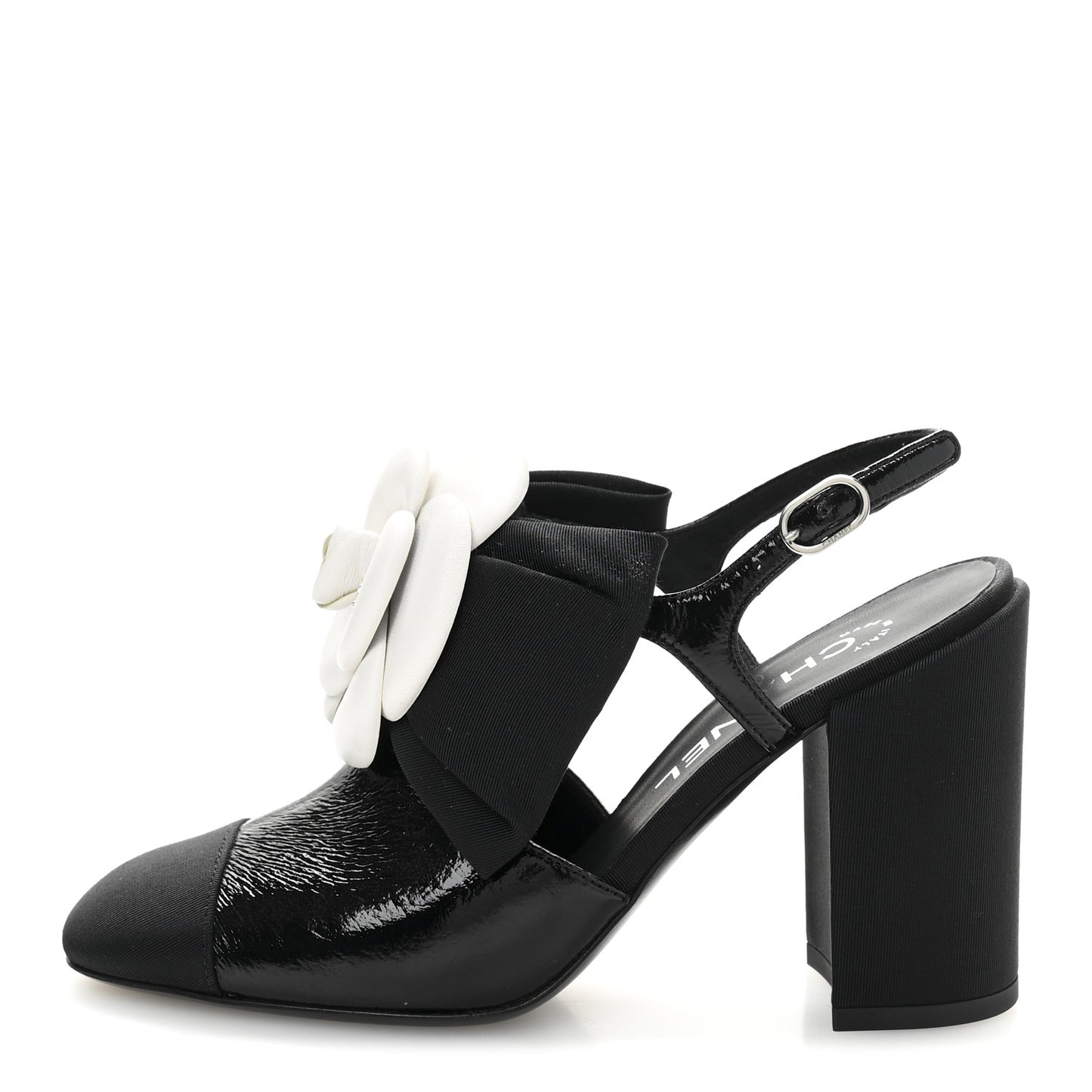 Crumpled Shiny Fabric Grosgrain Cap Toe Camellia Bow Slingback Pumps 36 Black