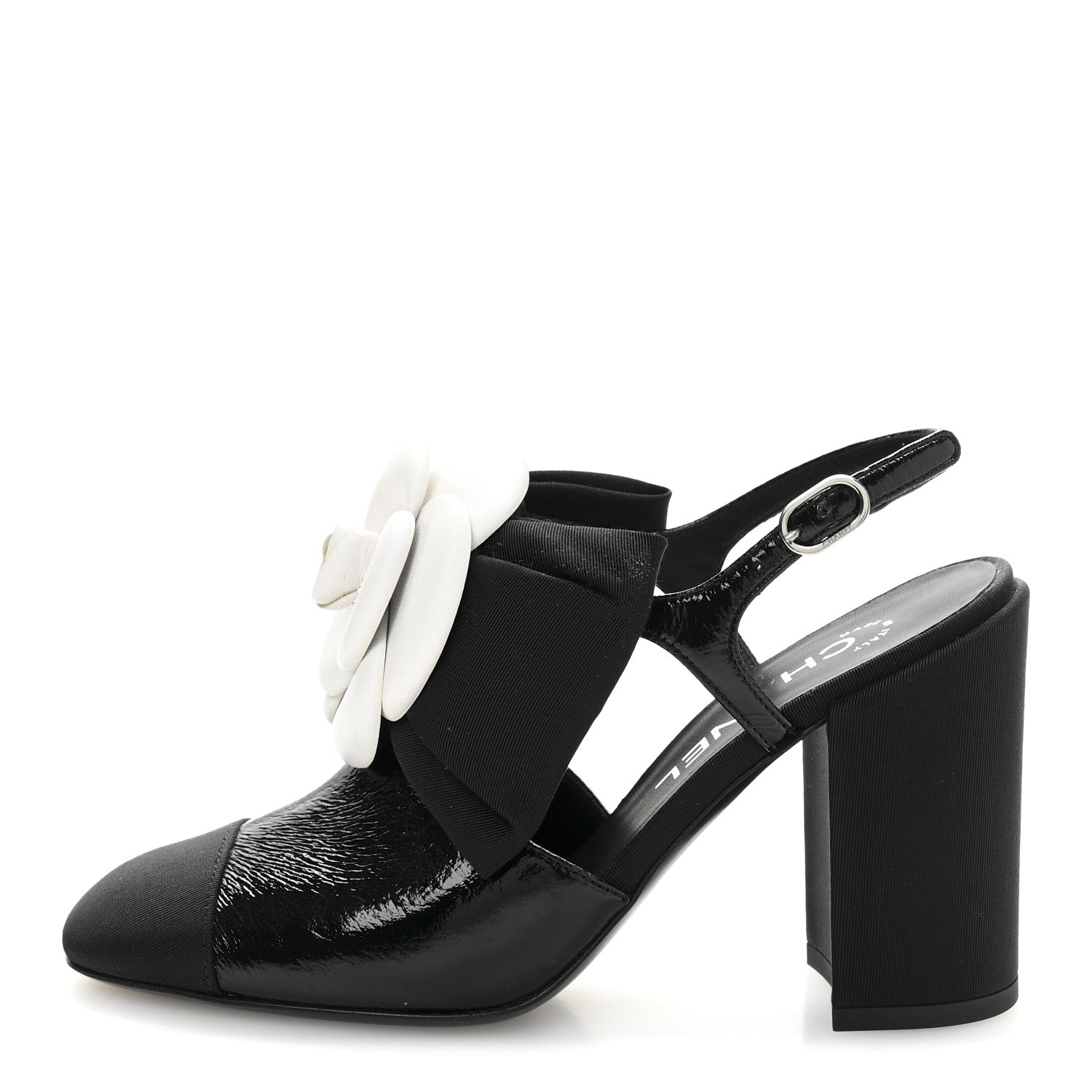 Chanel Crumpled Shiny Fabric Grosgrain Cap Toe Camellia Bow Slingback Pumps 36 Black 1 of 11