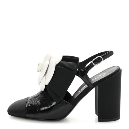 Chanel Crumpled Shiny Fabric Grosgrain Cap Toe Camellia Bow Slingback Pumps 36 Black 1 of 11