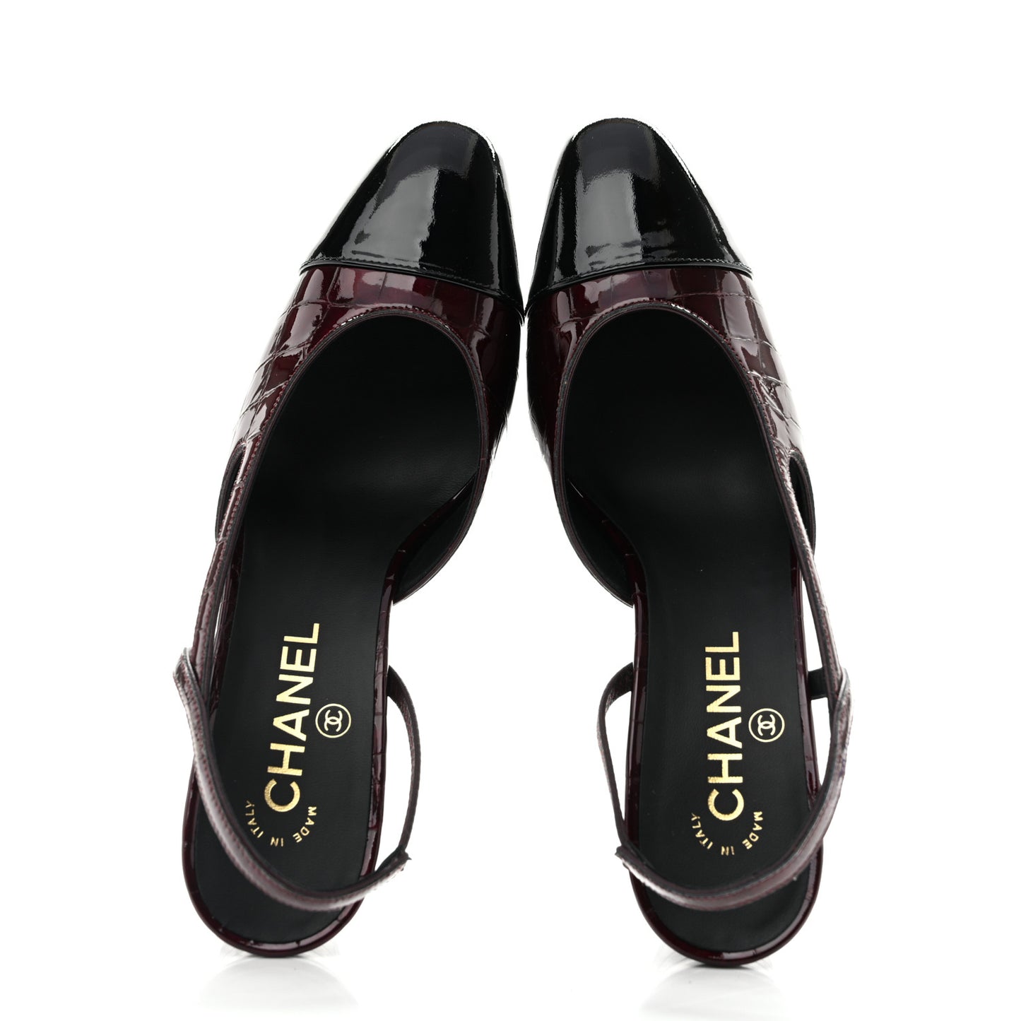 Patent Calfskin Crocodile Embossed Cap Toe CC Slingback Pumps 37.5 Dark Burgundy Black