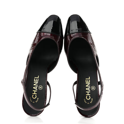 Chanel Patent Calfskin Crocodile Embossed Cap Toe CC Slingback Pumps 37.5 Dark Burgundy Black 2 of 11