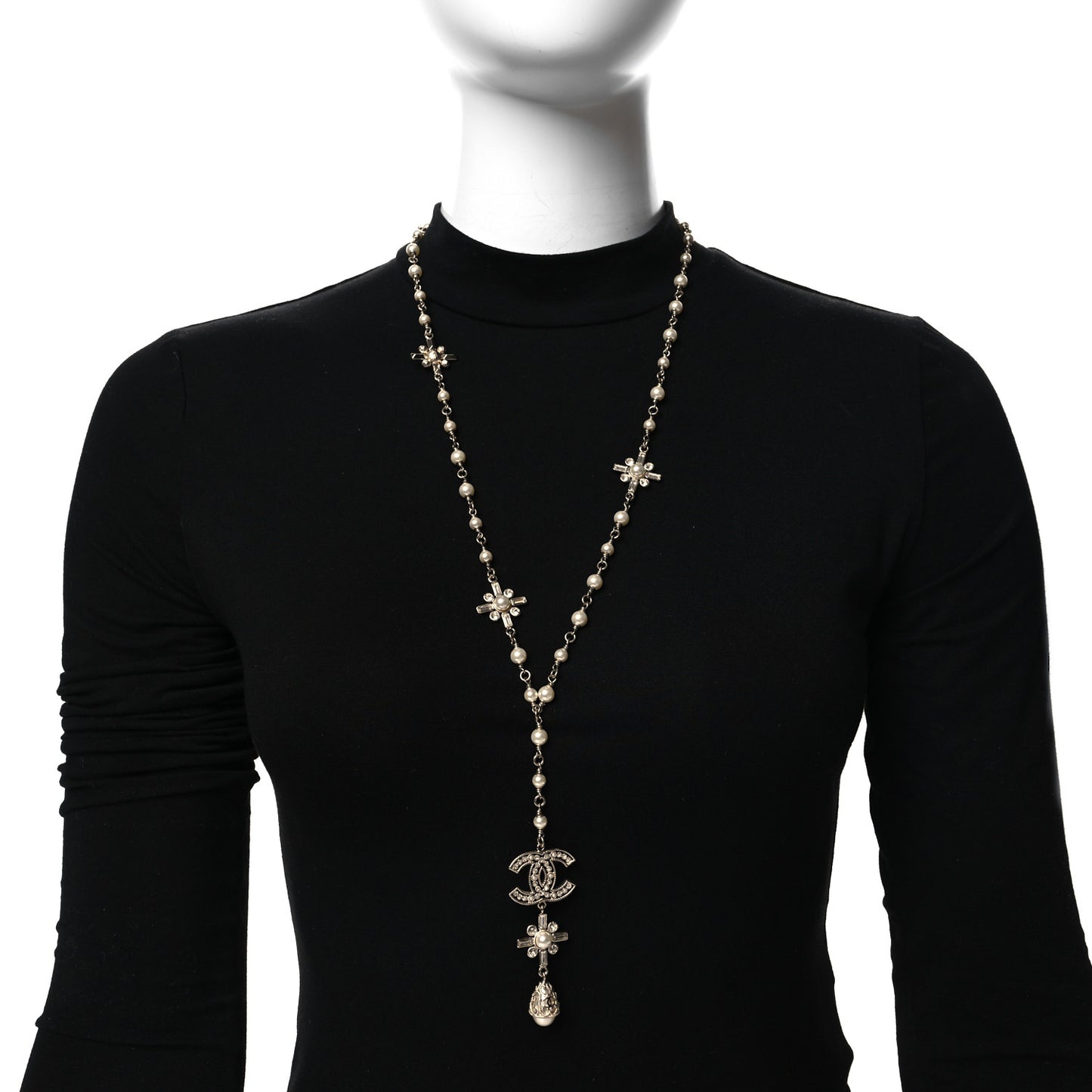 Crystal Baguette Pearl CC Cross Drop Pendant Necklace Gold