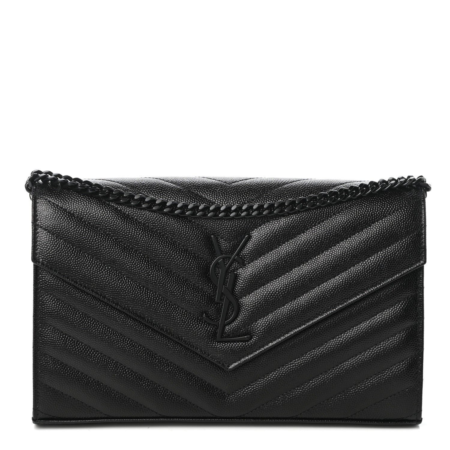 Saint Laurent Grain De Poudre Matelasse Chevron Monogram Chain Wallet Black 1 of 9