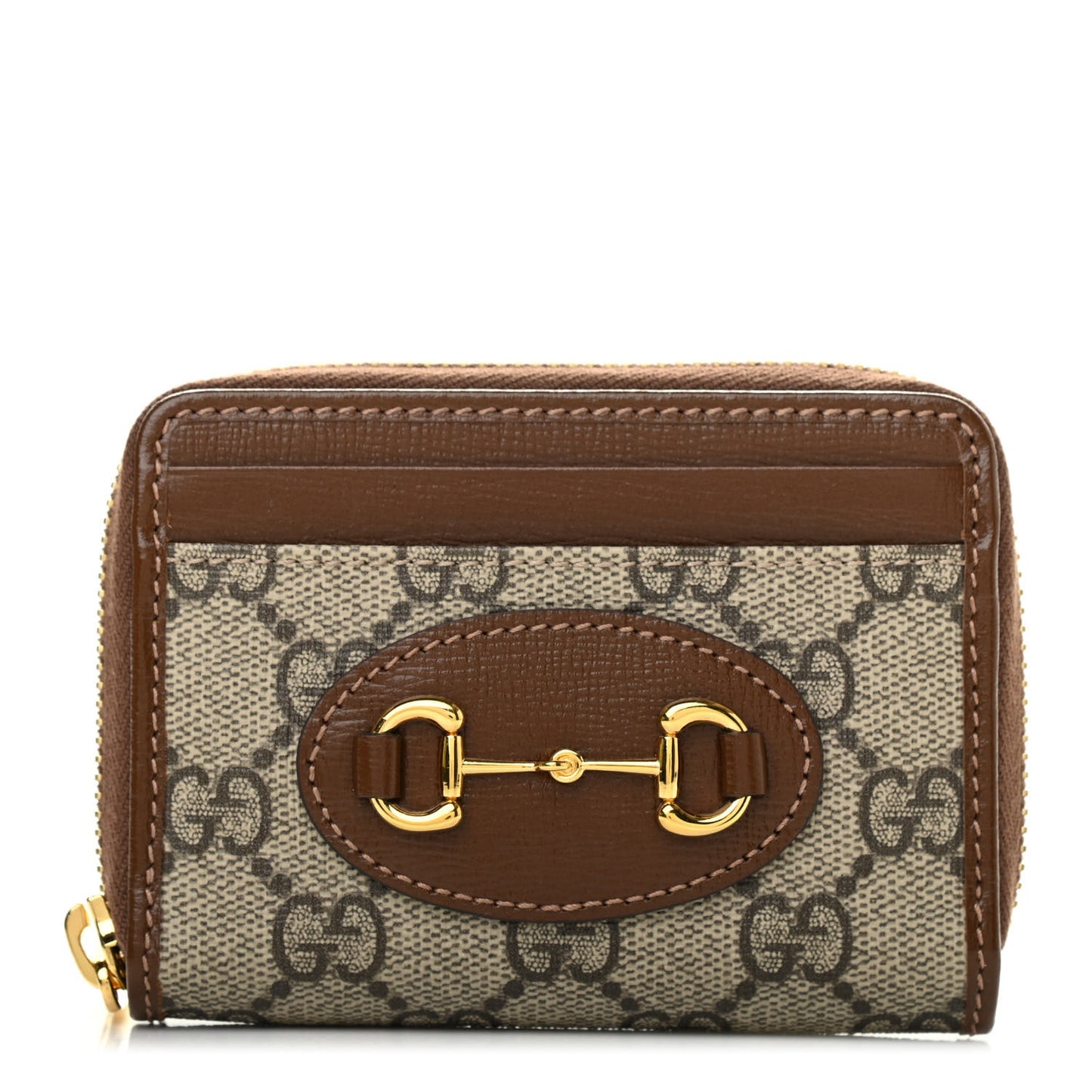 GG Supreme Monogram Azalea Calfskin Horsebit 1955 Zip Around ID Card Case Wallet Beige Ebony Brown Sugar