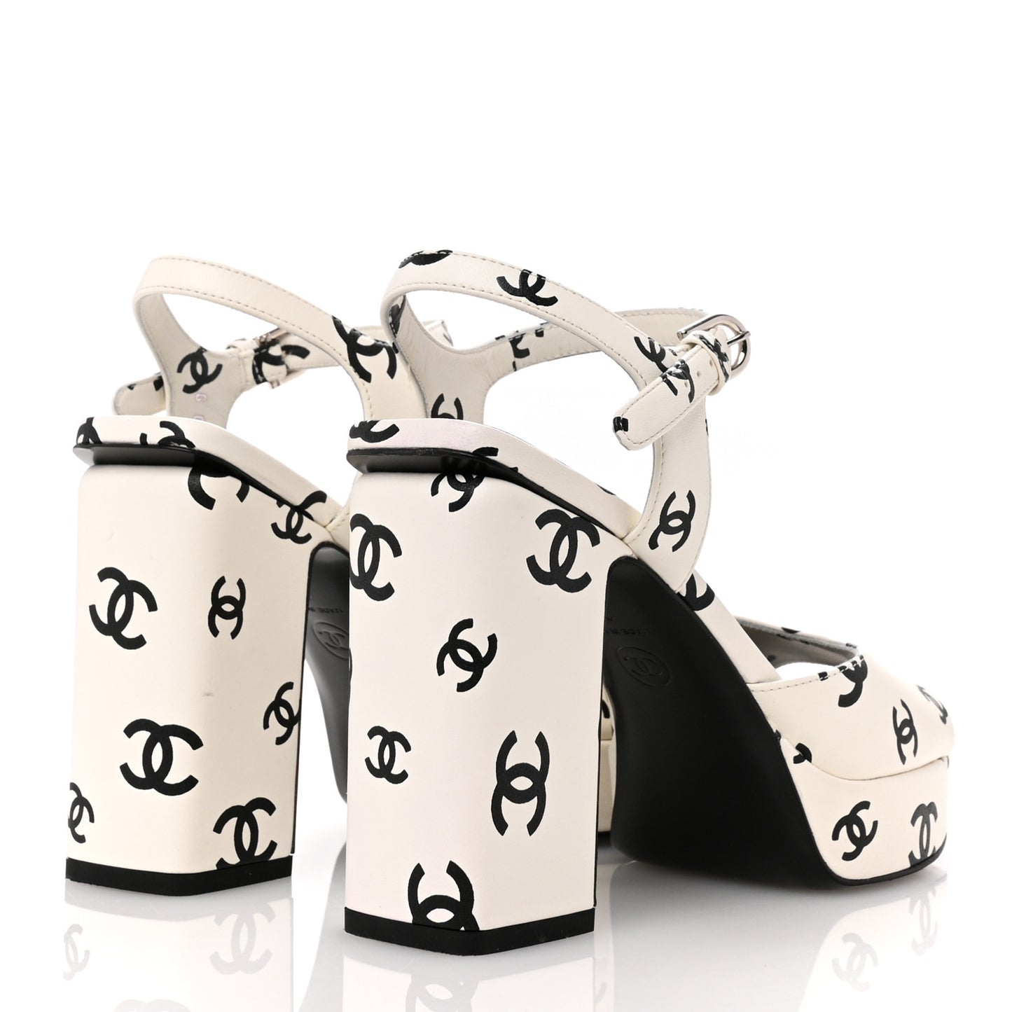 Printed Lambskin CC Platform Sandals 37 White Black