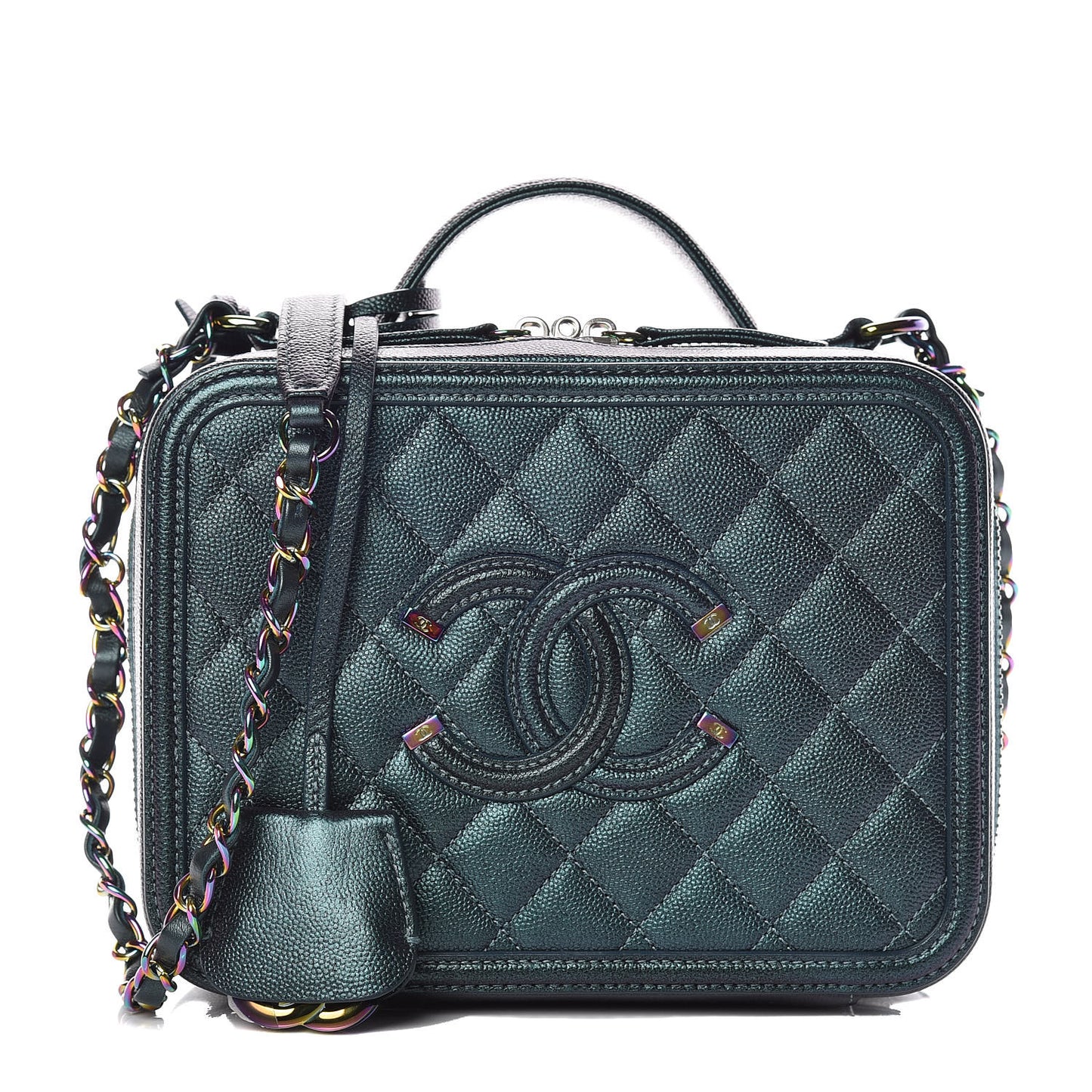 Iridescent Caviar Quilted Medium CC Filigree Vanity Case Dark Turquoise