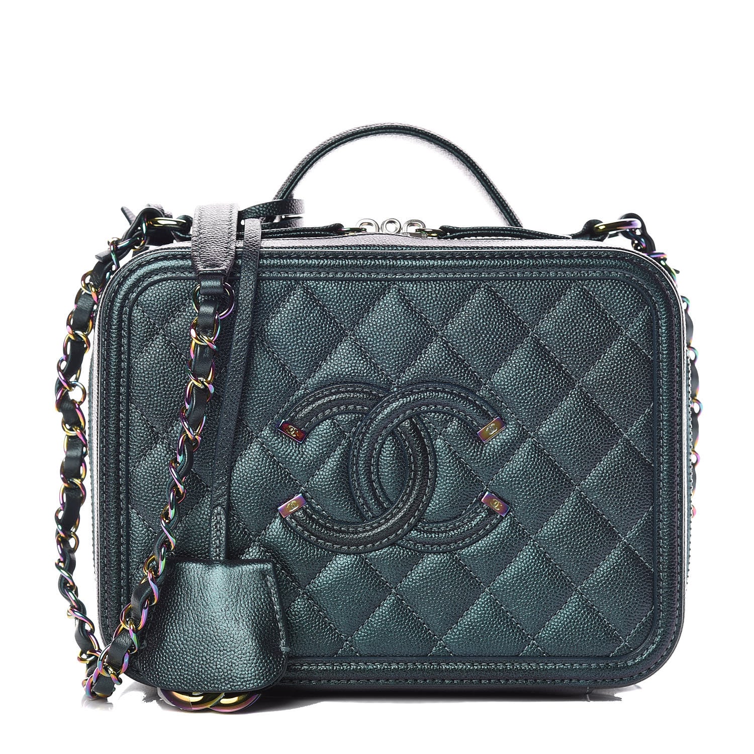 Chanel Iridescent Caviar Quilted Medium CC Filigree Vanity Case Dark Turquoise 1 of 10