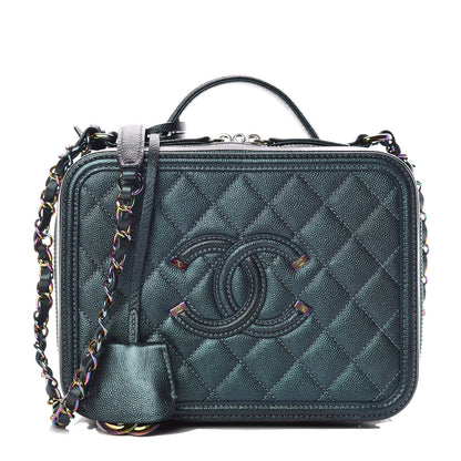 Chanel Iridescent Caviar Quilted Medium CC Filigree Vanity Case Dark Turquoise 1 of 10