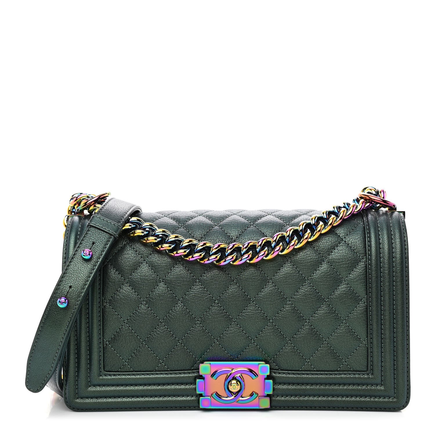 Chanel Iridescent Goatskin Quilted Medium Boy Flap Green 1 of 11