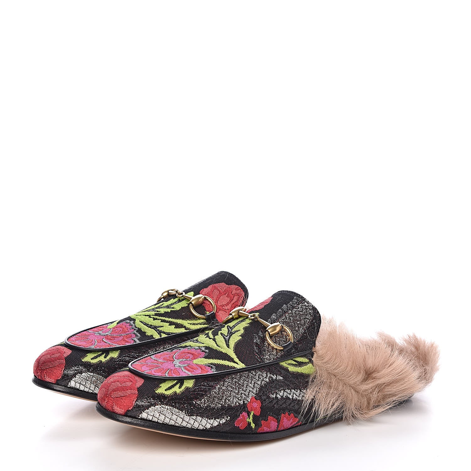 Gucci Brocade Fur Floral Womens Princetown Slippers 37 Black Anthracite 3 of 8