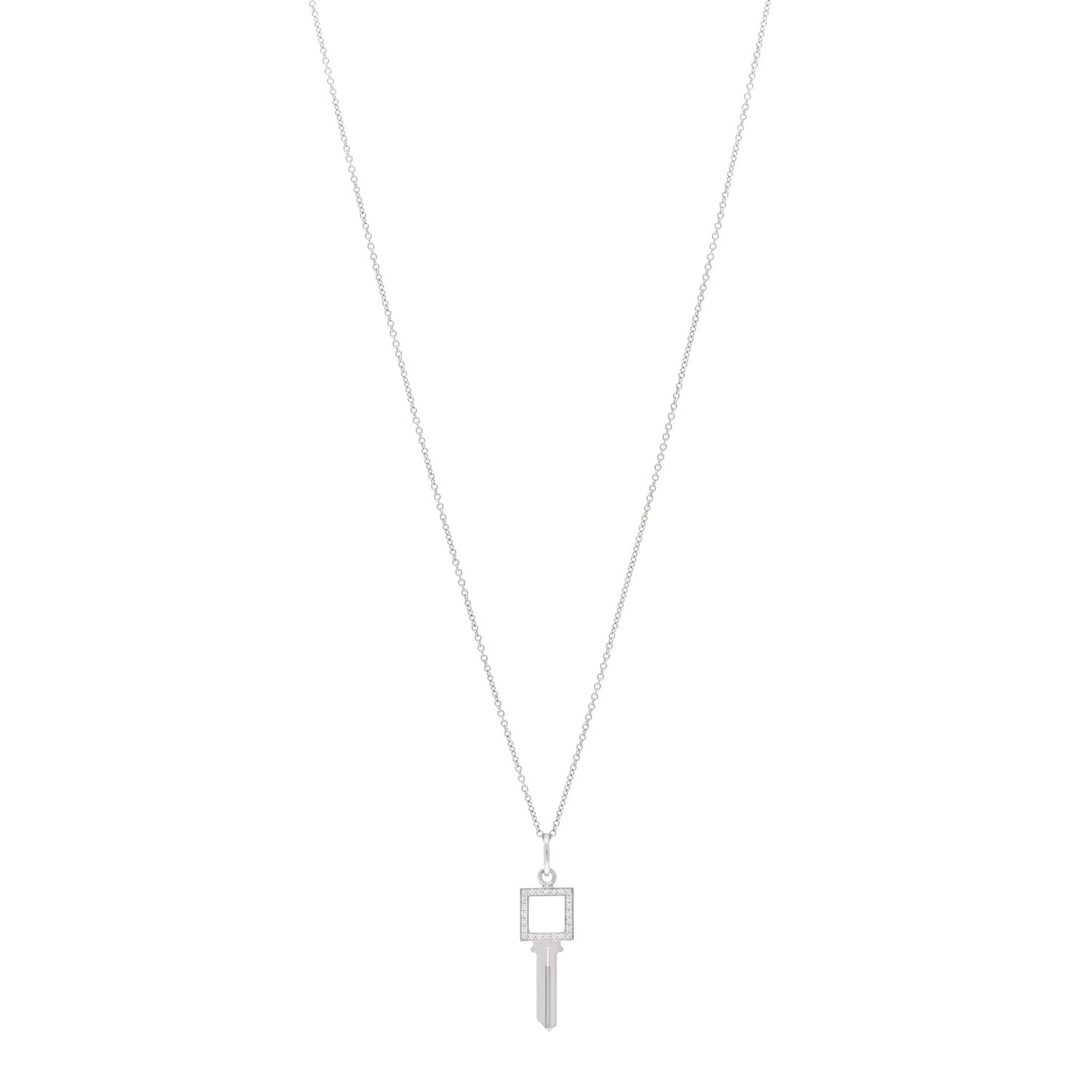 18K White Gold Diamond Modern Keys Open Square Key Pendant Necklace