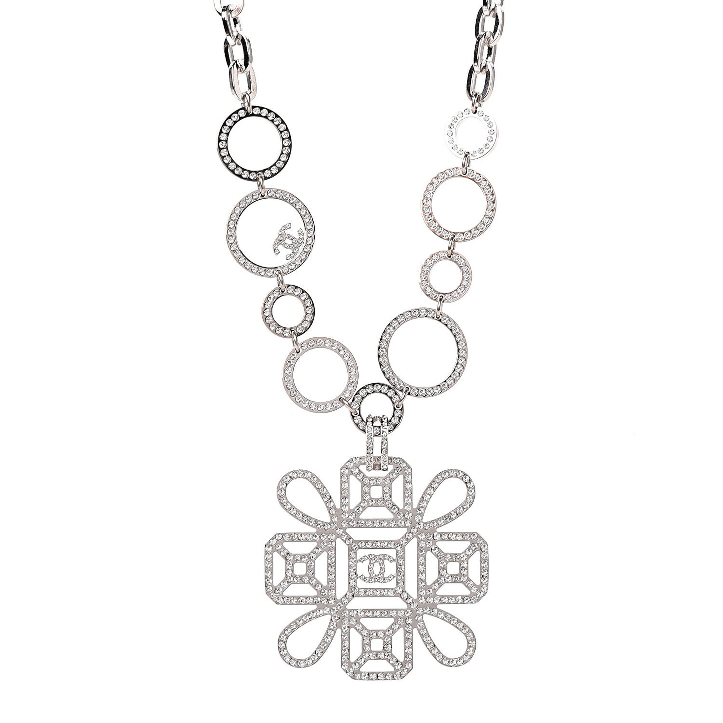 Crystal Strass Cross CC Necklace Silver
