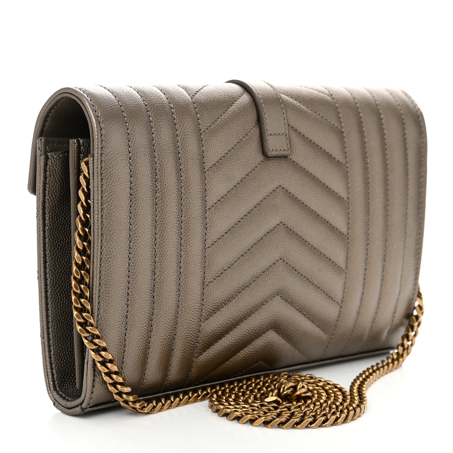 Saint Laurent Metallic Grain De Poudre Mixed Matelasse Triquilt Monogram Chain Wallet Piombo 3 of 12