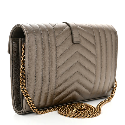 Saint Laurent Metallic Grain De Poudre Mixed Matelasse Triquilt Monogram Chain Wallet Piombo 3 of 12