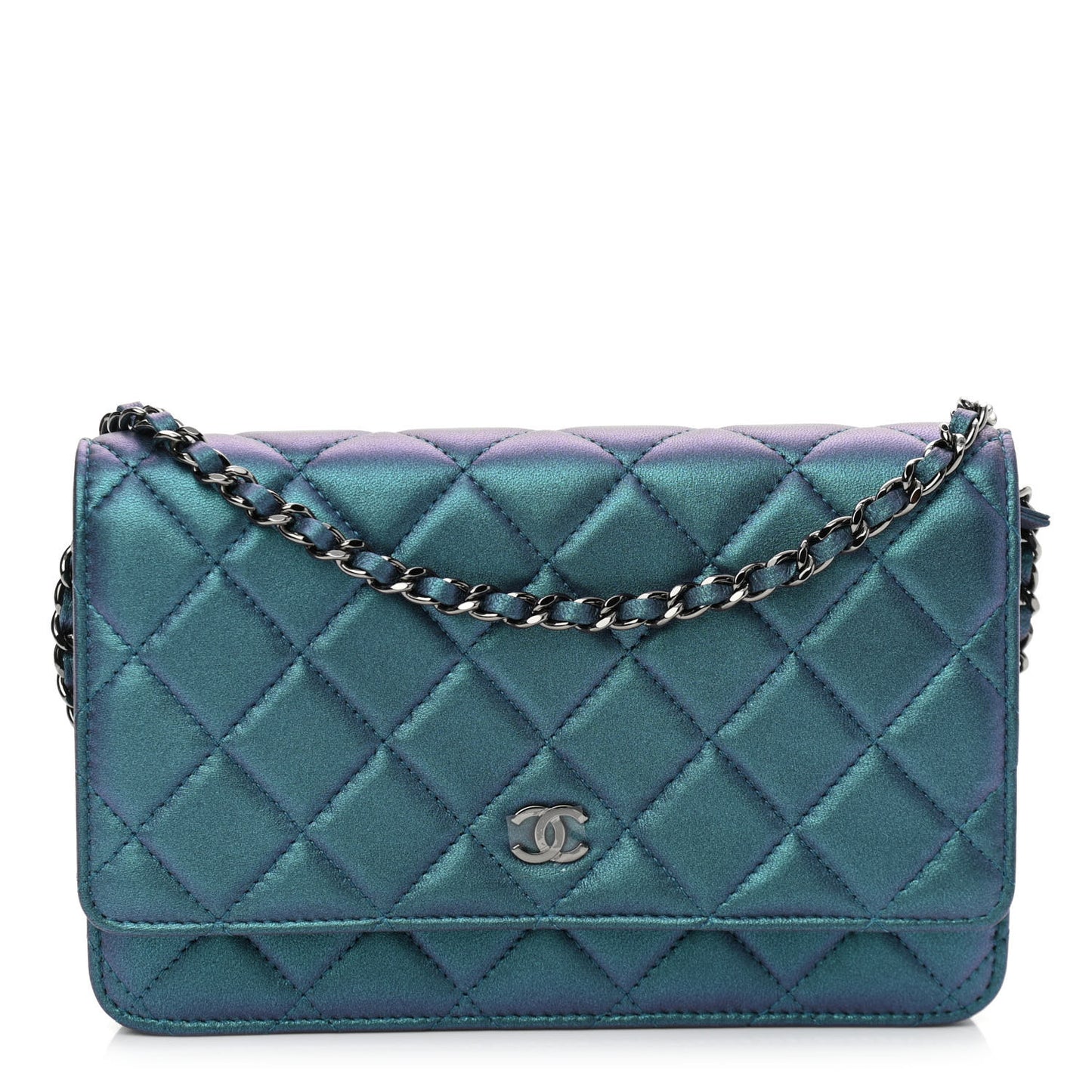 Metallic Lambskin Wallet On Chain WOC Turquoise