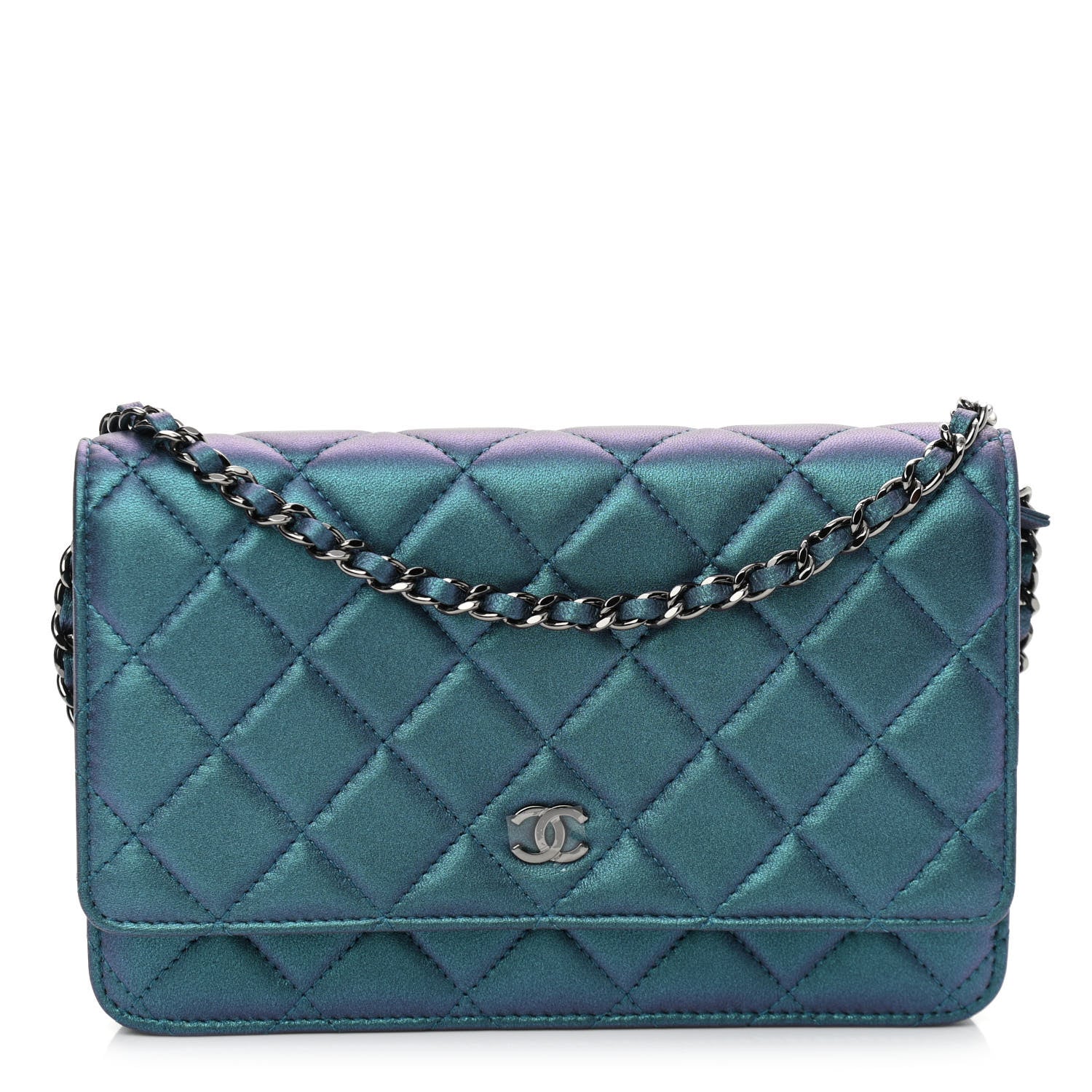 Chanel Metallic Lambskin Wallet On Chain WOC Turquoise 1 of 12