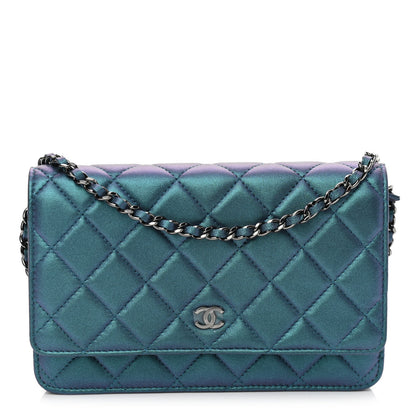Chanel Metallic Lambskin Wallet On Chain WOC Turquoise 1 of 12