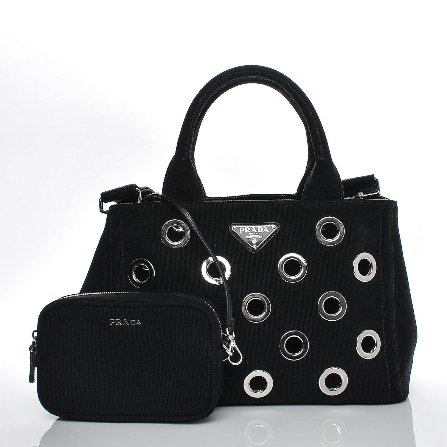 Prada Canvas Canapa Grommet Small Tote Nero Black 3 of 7
