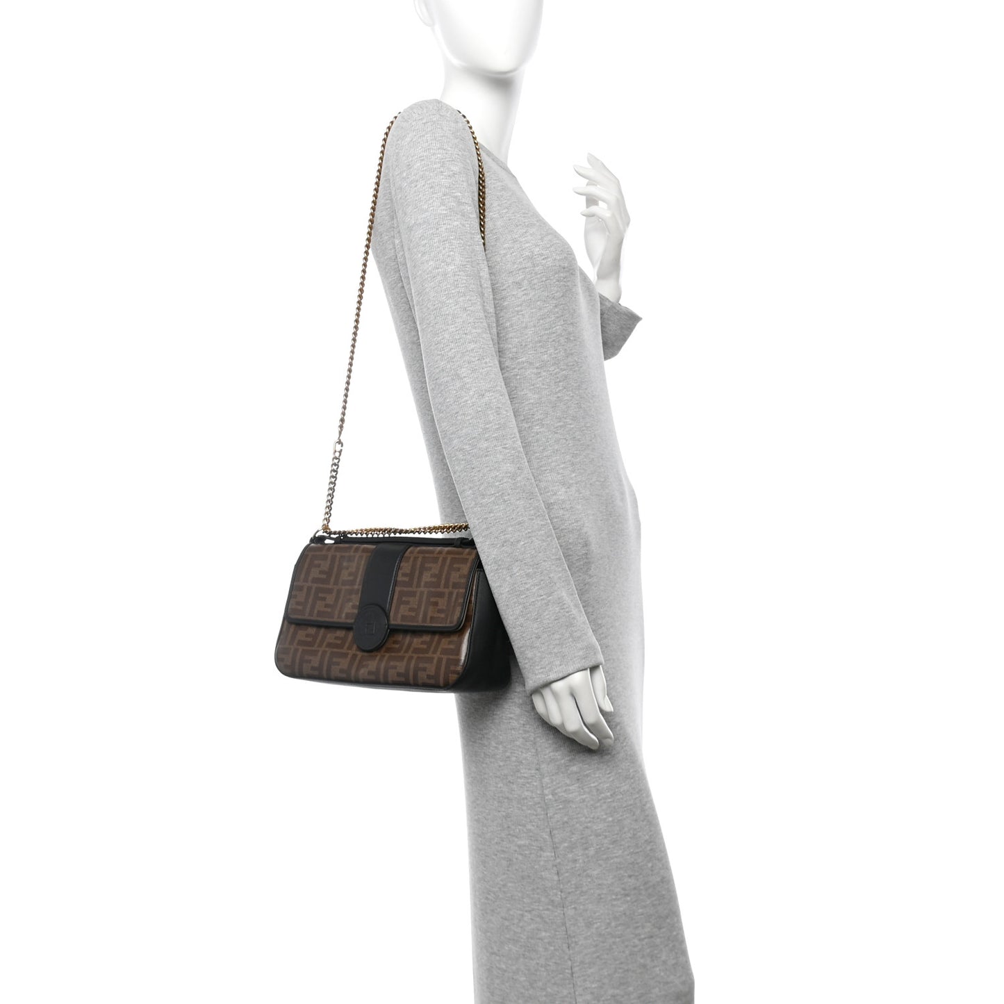 Vitello Grace Glazed Fabric FF 1974 Double F Shoulder Bag Black Mogano Panna