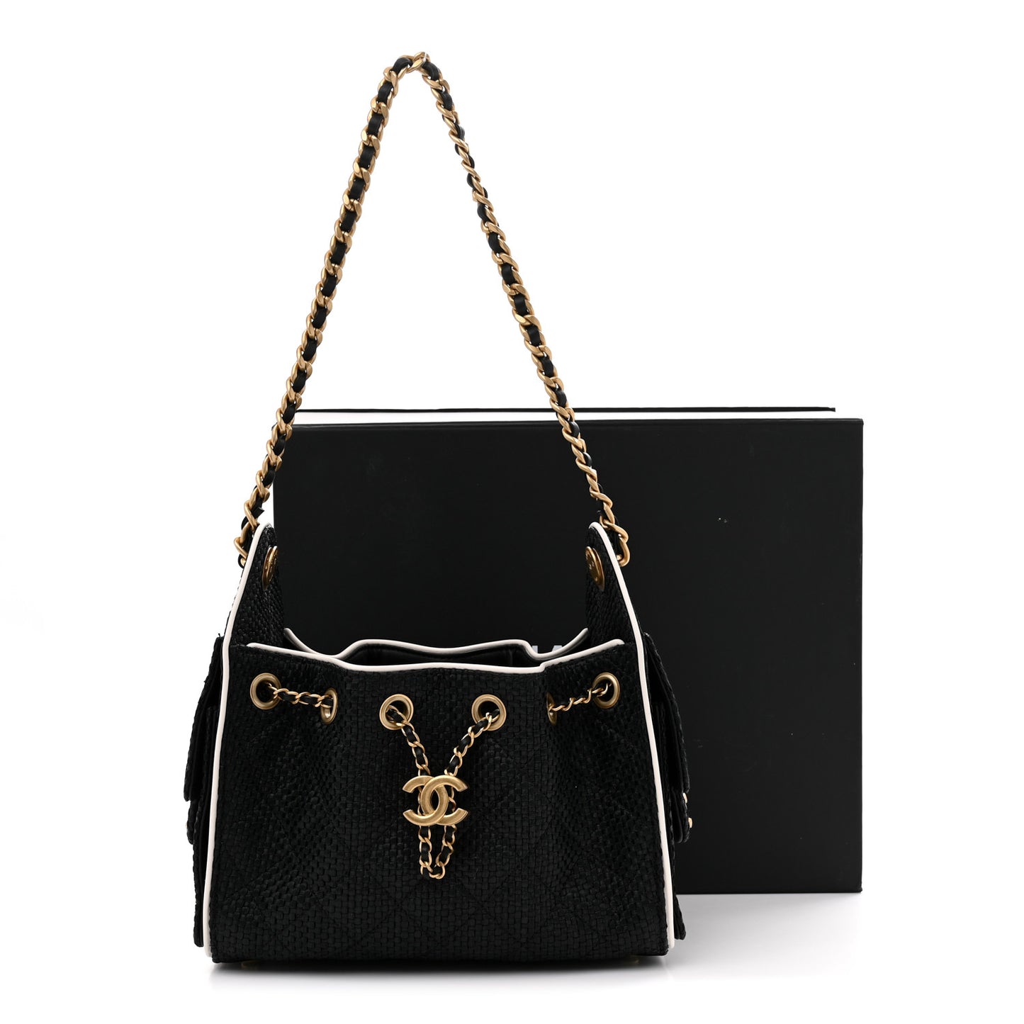 Braided Raffia Calfskin Mini Chanel 25 Handbag Black White