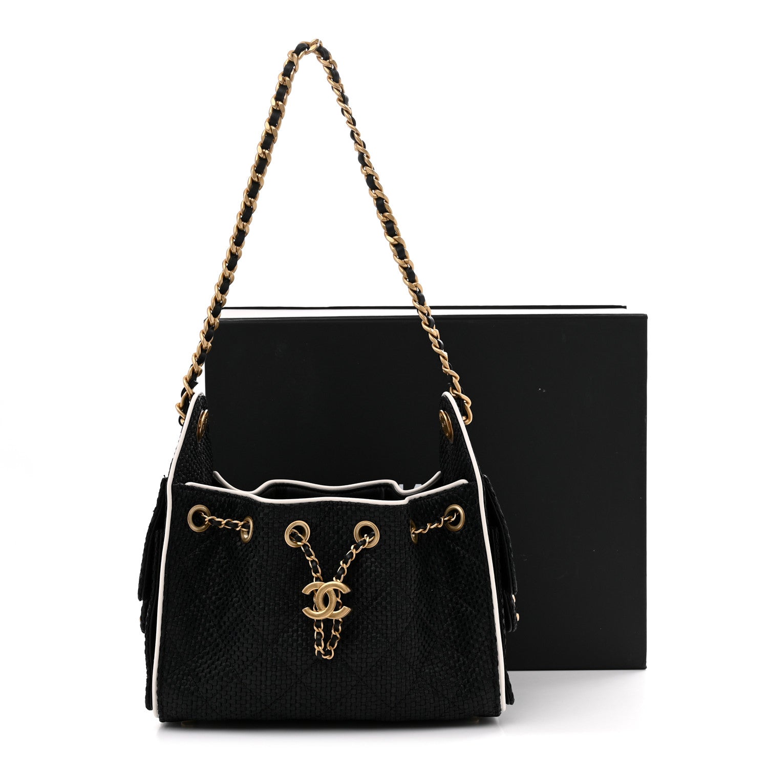 Chanel Braided Raffia Calfskin Mini Chanel 25 Handbag Black White 12 of 12