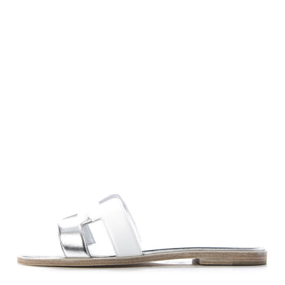 Hermes Metallic Nappa Box Oran Sandals 37 White Gris Argente 1 of 10
