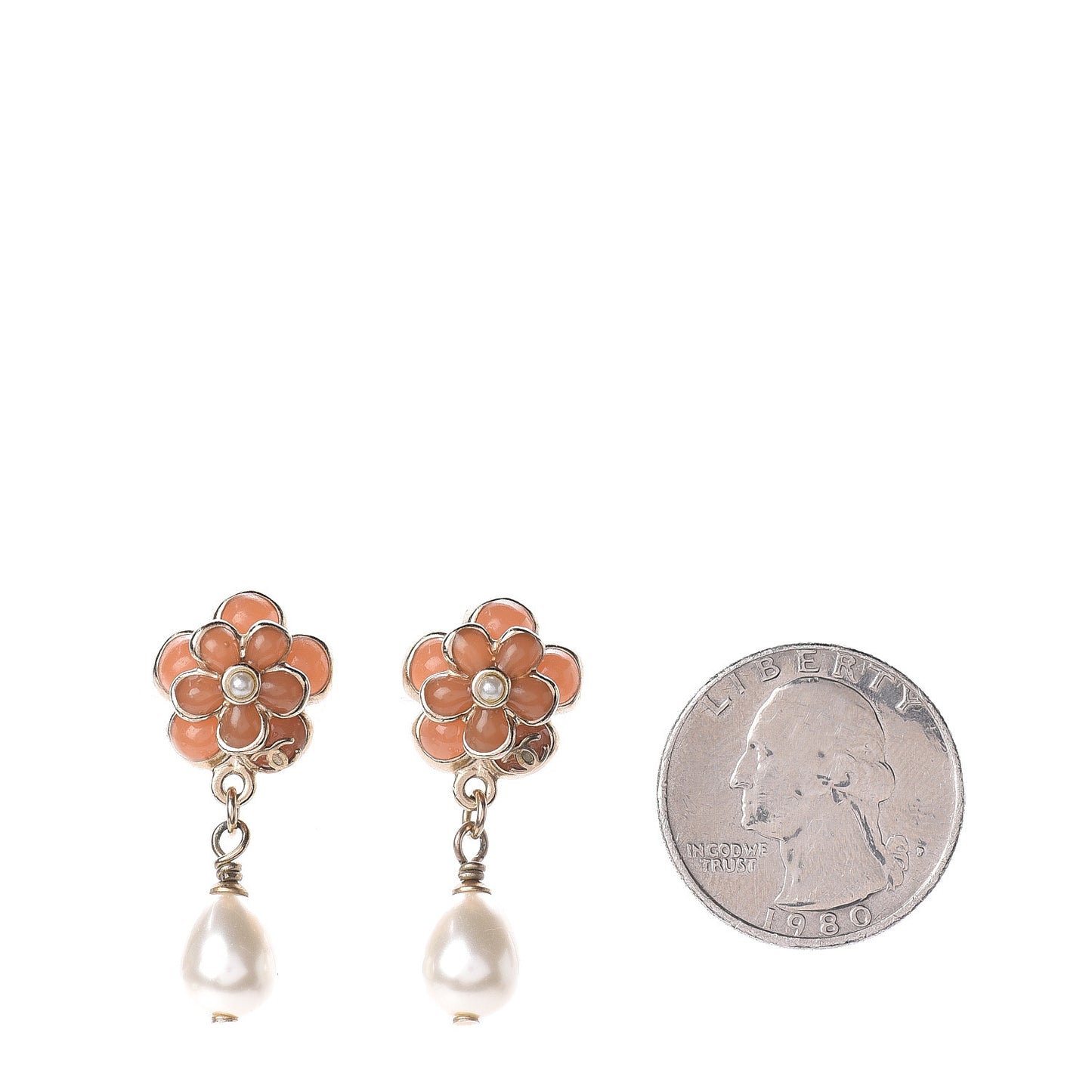 Enamel Pearl CC Flower Drop Earrings Gold Pink