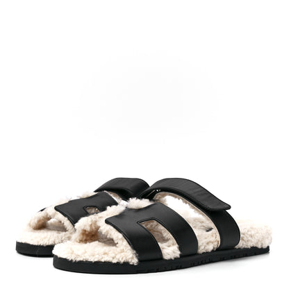 Hermes Calfskin Woolskin Mens Chypre Sandals 41.5 Black Ecru 3 of 8