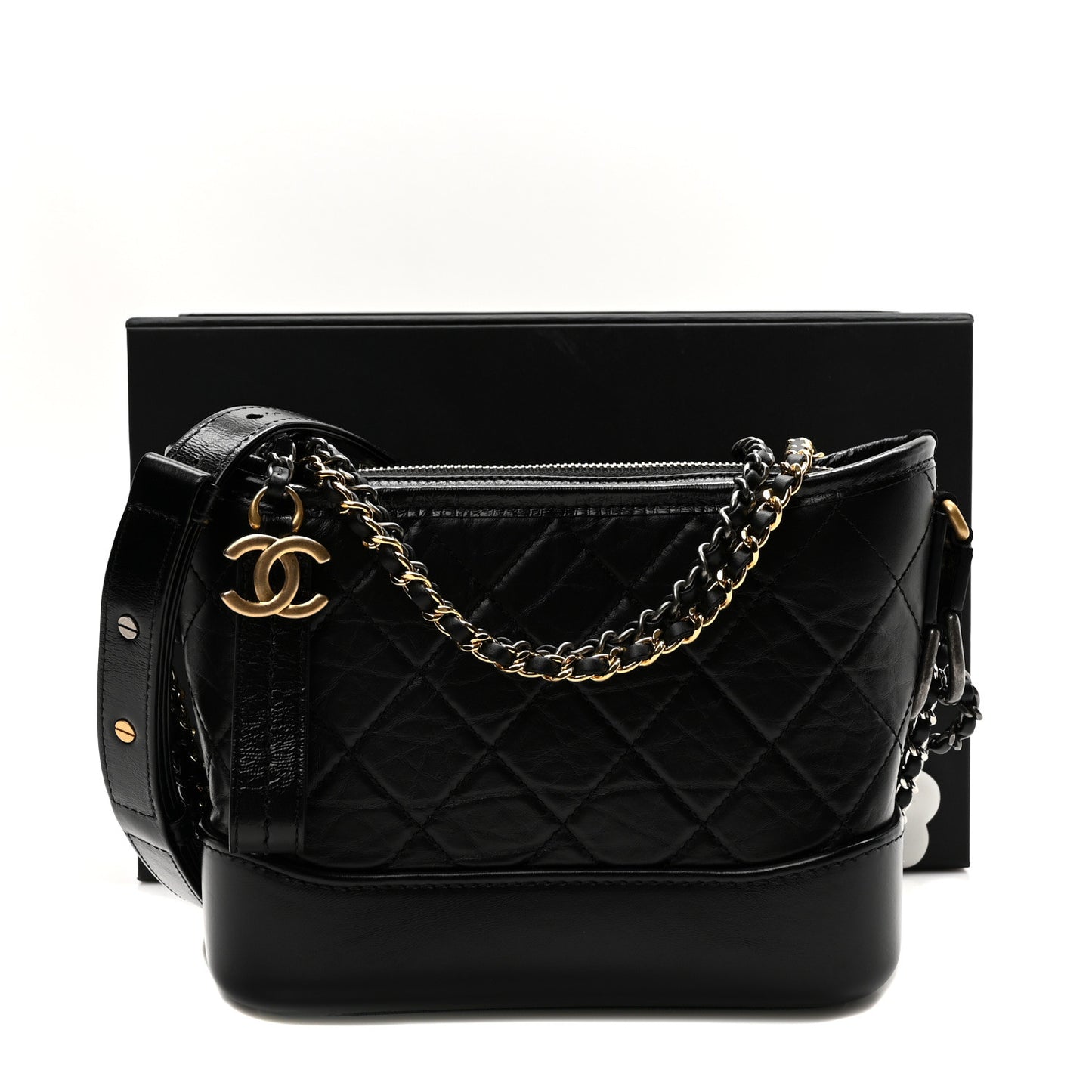 Aged Calfskin Quilted Small Gabrielle Hobo Black