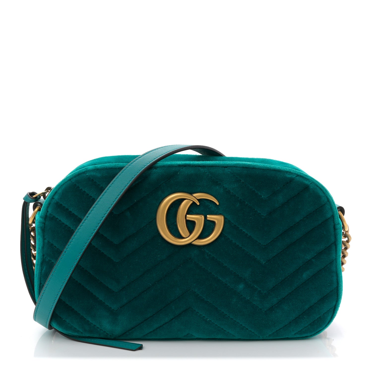 Gucci Velvet Matelasse Small GG Marmont Chain Shoulder Bag Pavone Cyan 1 of 10