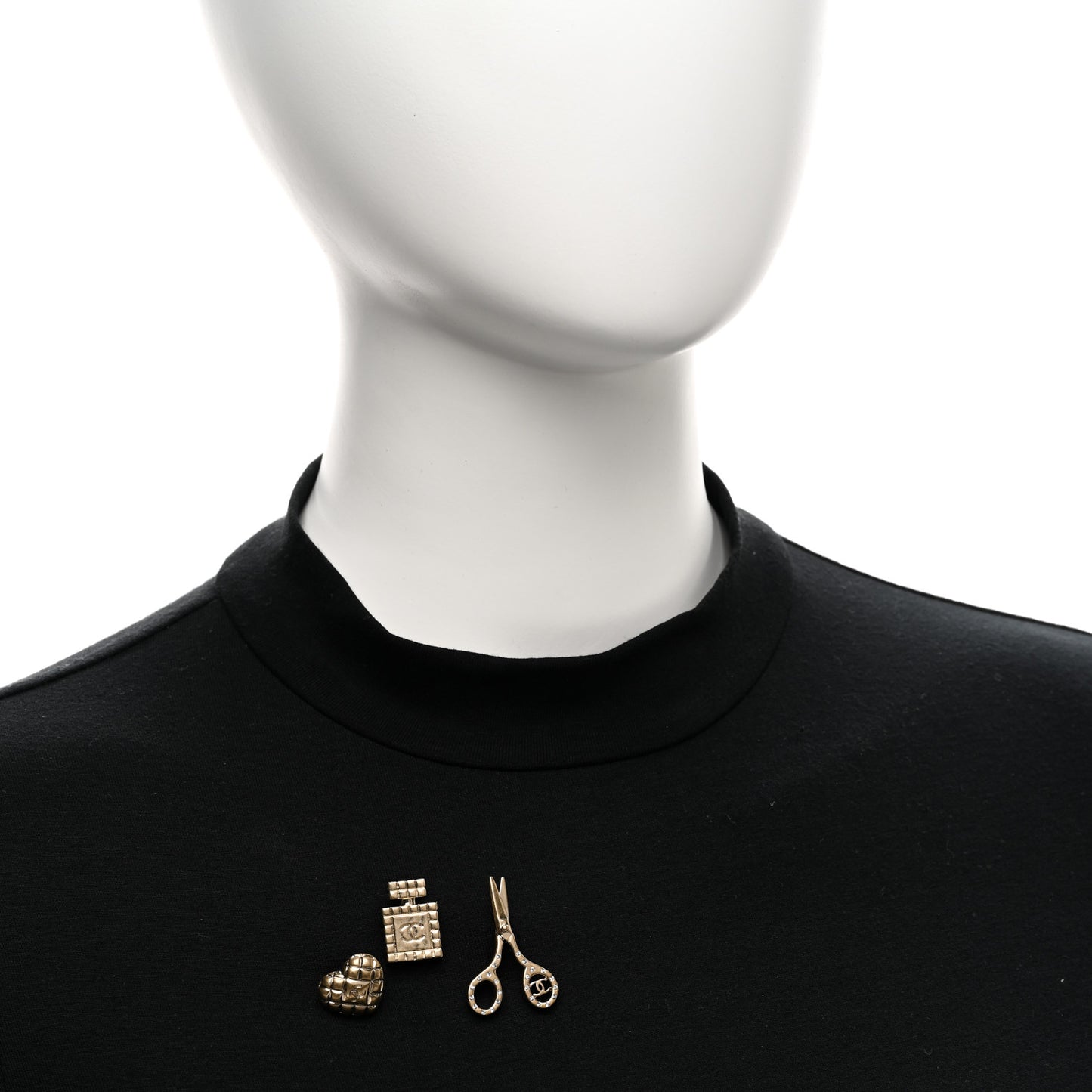 Metal Strass Crystal Quilted CC Heart Scissors Perfume Brooch Set Gold