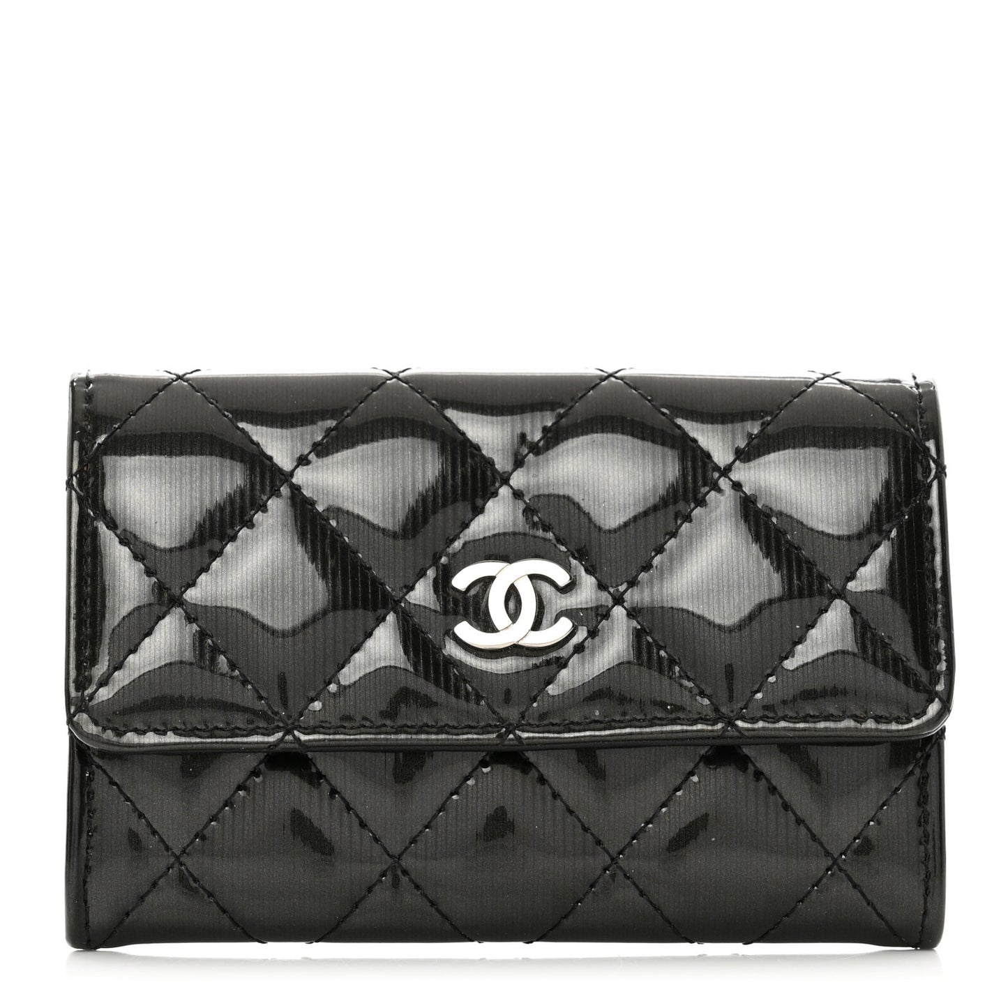 Striated Patent Quilted Card Holder Black