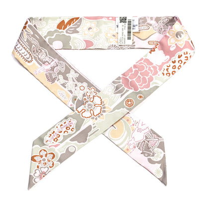 Hermes Silk Bingata Twilly Vieux Rose Vert De 1 of 4