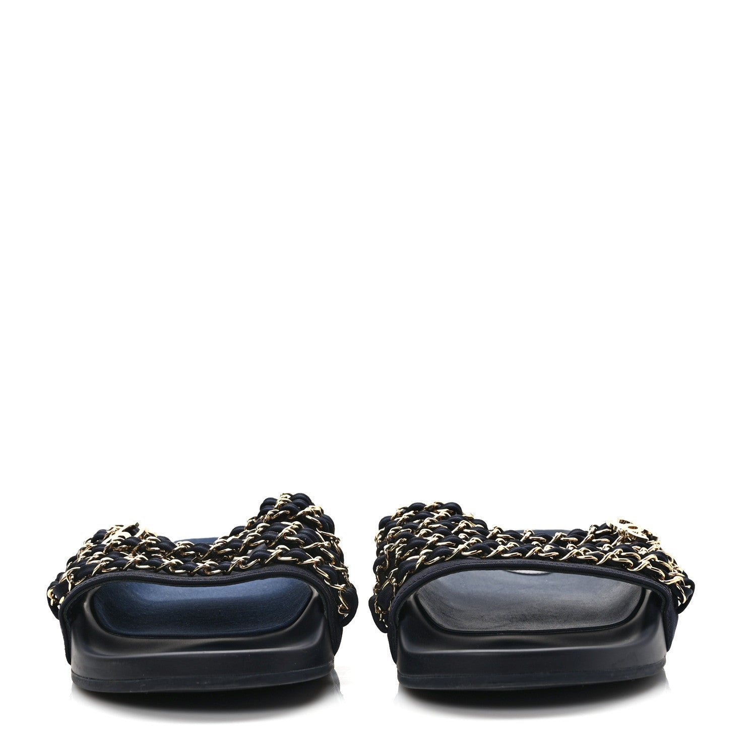Chanel Satin Canvas Chain Slides Sandals Flats 41 Marine 2 of 8