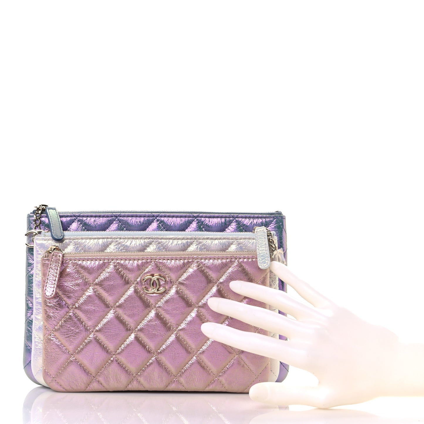 Iridescent Crumpled Calfskin Trio Cosmetic Case Blue Pink Ivory