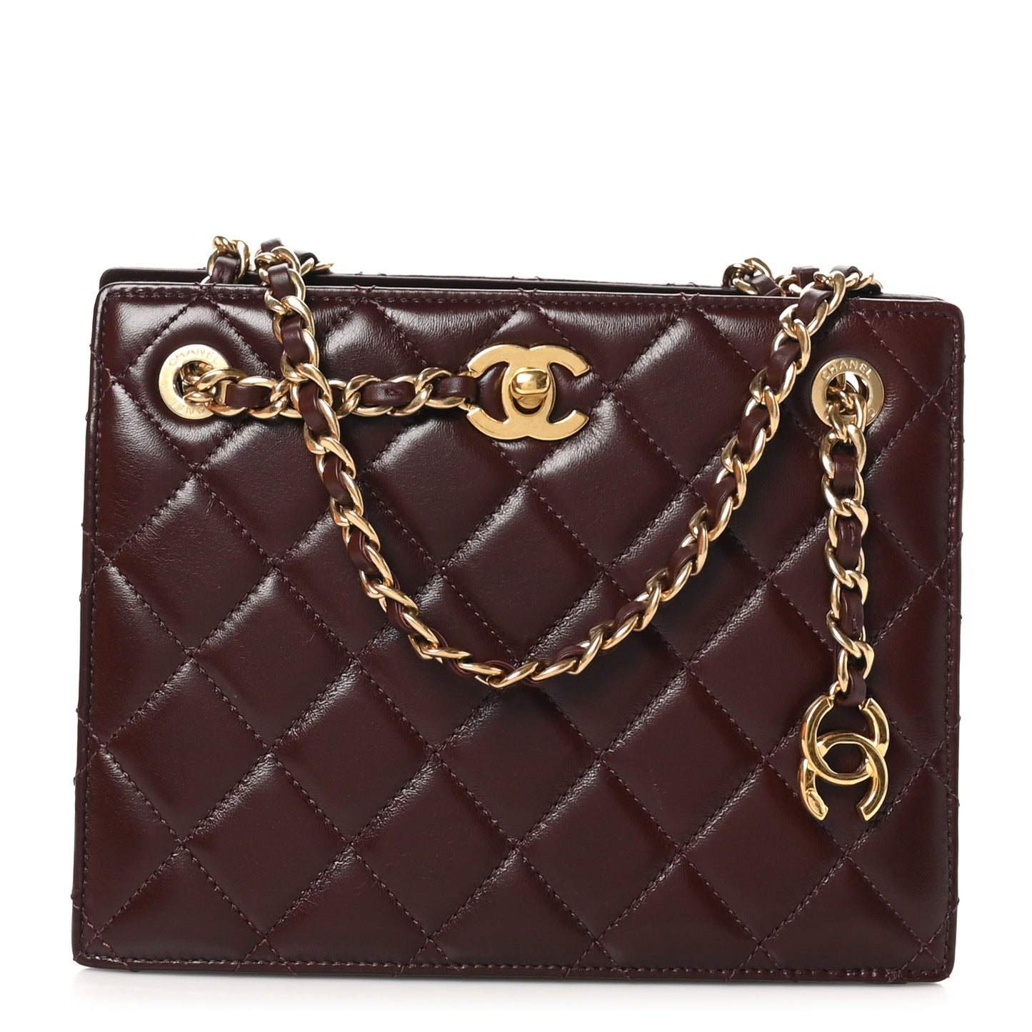 Shiny Calfskin Quilted Small Shopping Bag Burgundy
