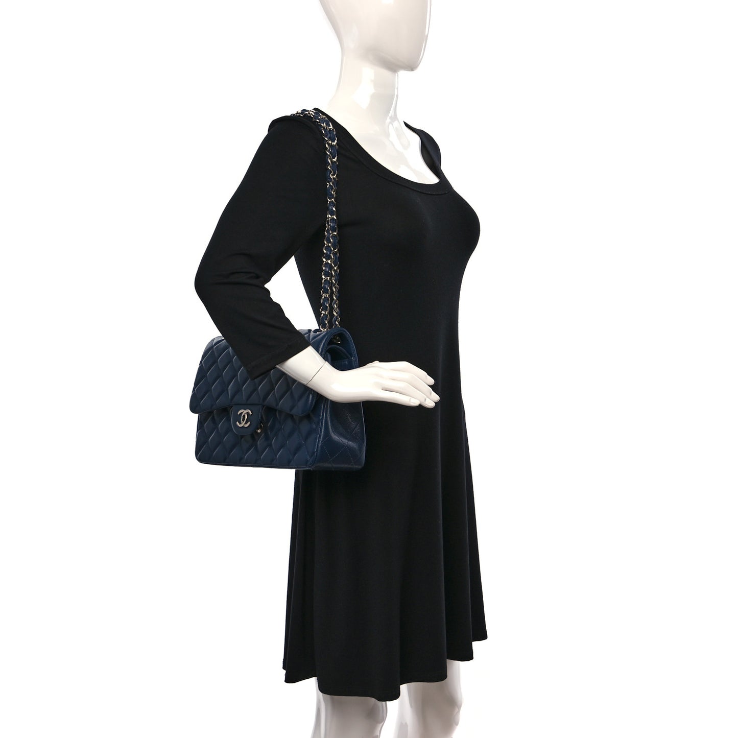 Caviar Quilted Jumbo Double Flap Navy Blue