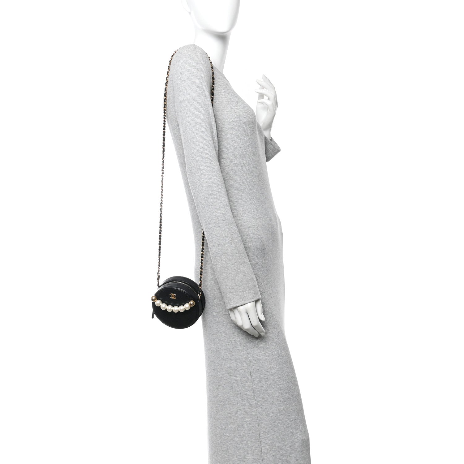 Chanel Goatskin Quilted Chic Pearls Chain Round Clutch With Chain Black 2 of 10
