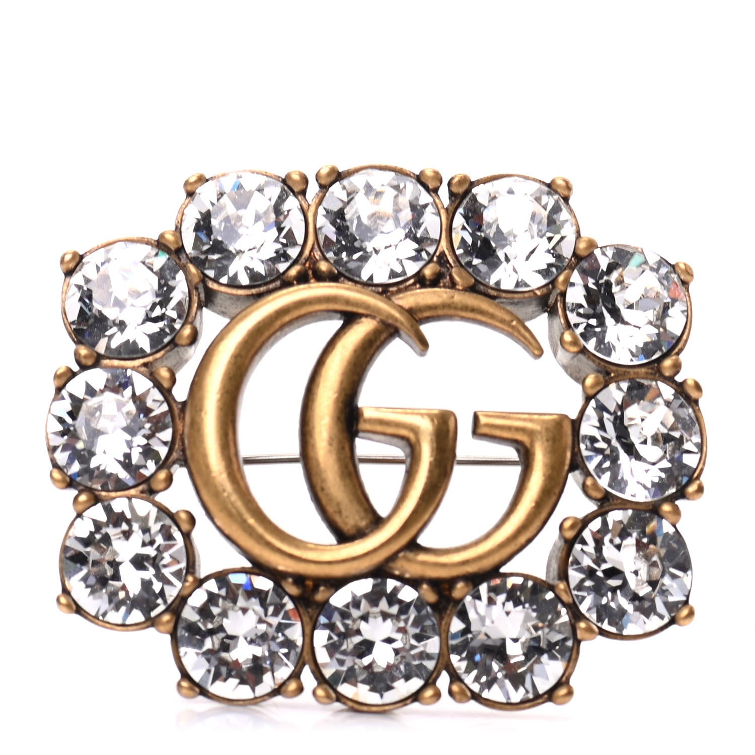Gucci Metal Crystal Double G Brooch Aged Gold 1 of 5