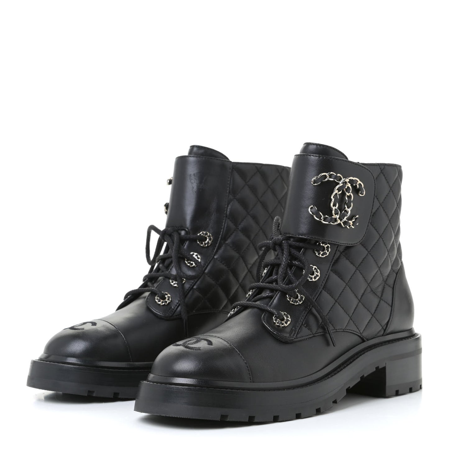 Shiny Lambskin Quilted Lace Up Combat Boots 38 Black