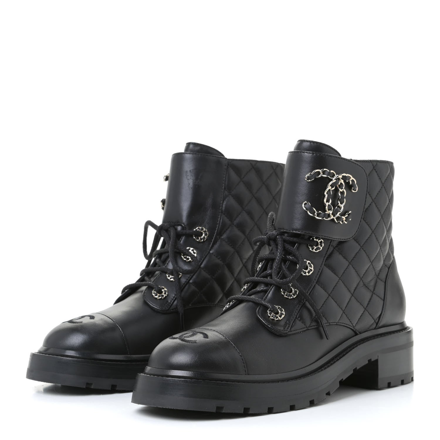 Chanel Shiny Lambskin Quilted Lace Up Combat Boots 38 Black 2 of 10