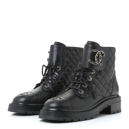 Chanel Shiny Lambskin Quilted Lace Up Combat Boots 38 Black 2 of 10