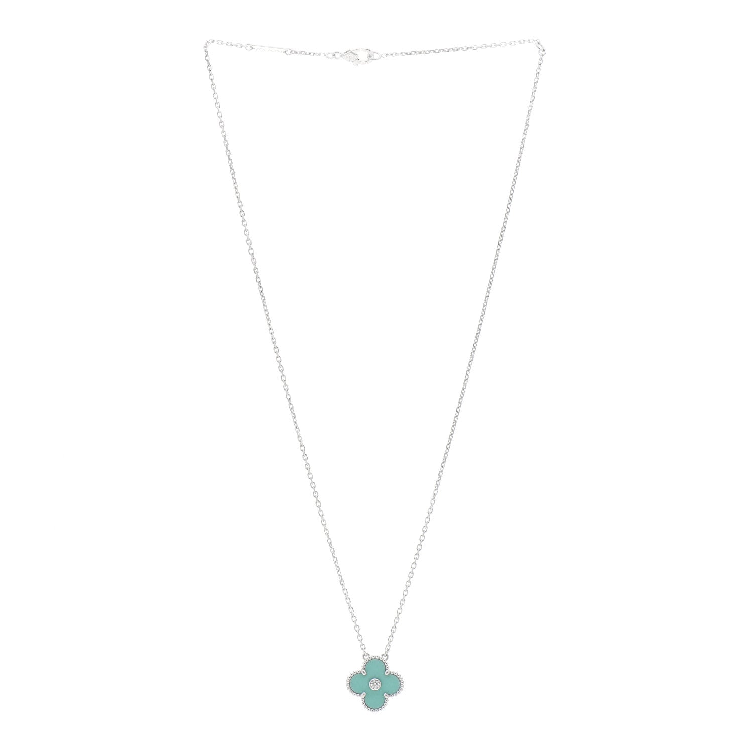 Van Cleef & Arpels 18K White Gold Diamond Celadon Green Sevres Porcelain Vintage Alhambra Pendant Necklace 2 of 4