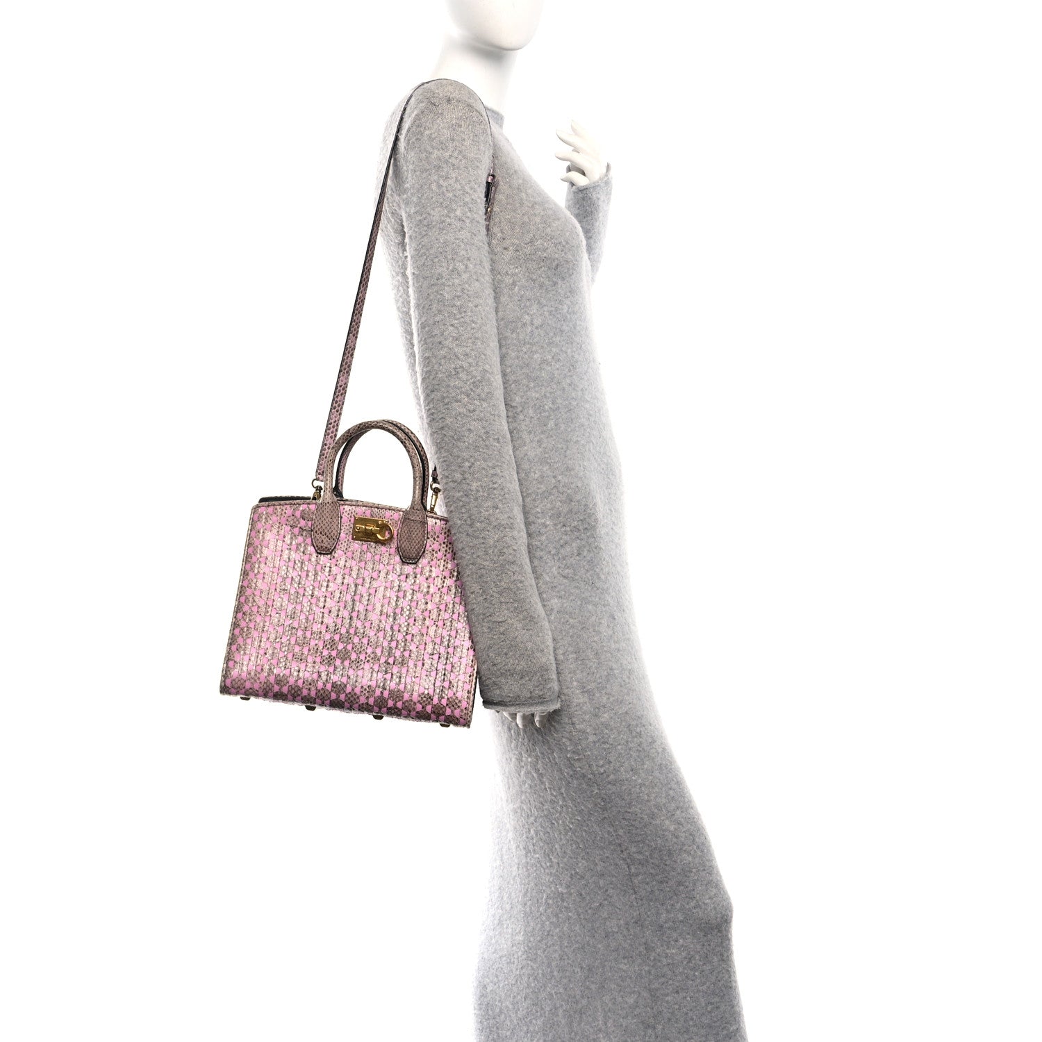 Salvatore Ferragamo Calfskin Snakeskin Woven The Studio Box Tote Pink Brown 2 of 10