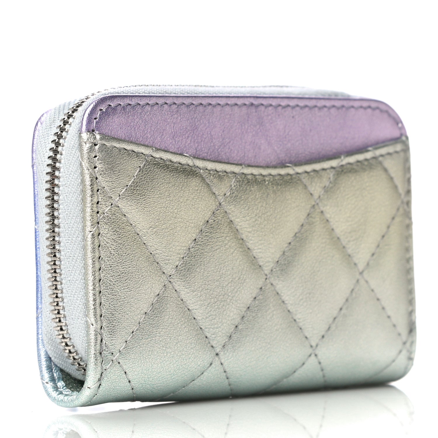 Chanel Gradient Metallic Calfskin Quilted Zip Around Coin Purse Wallet Silver Blue Yellow Purple 3 of 11