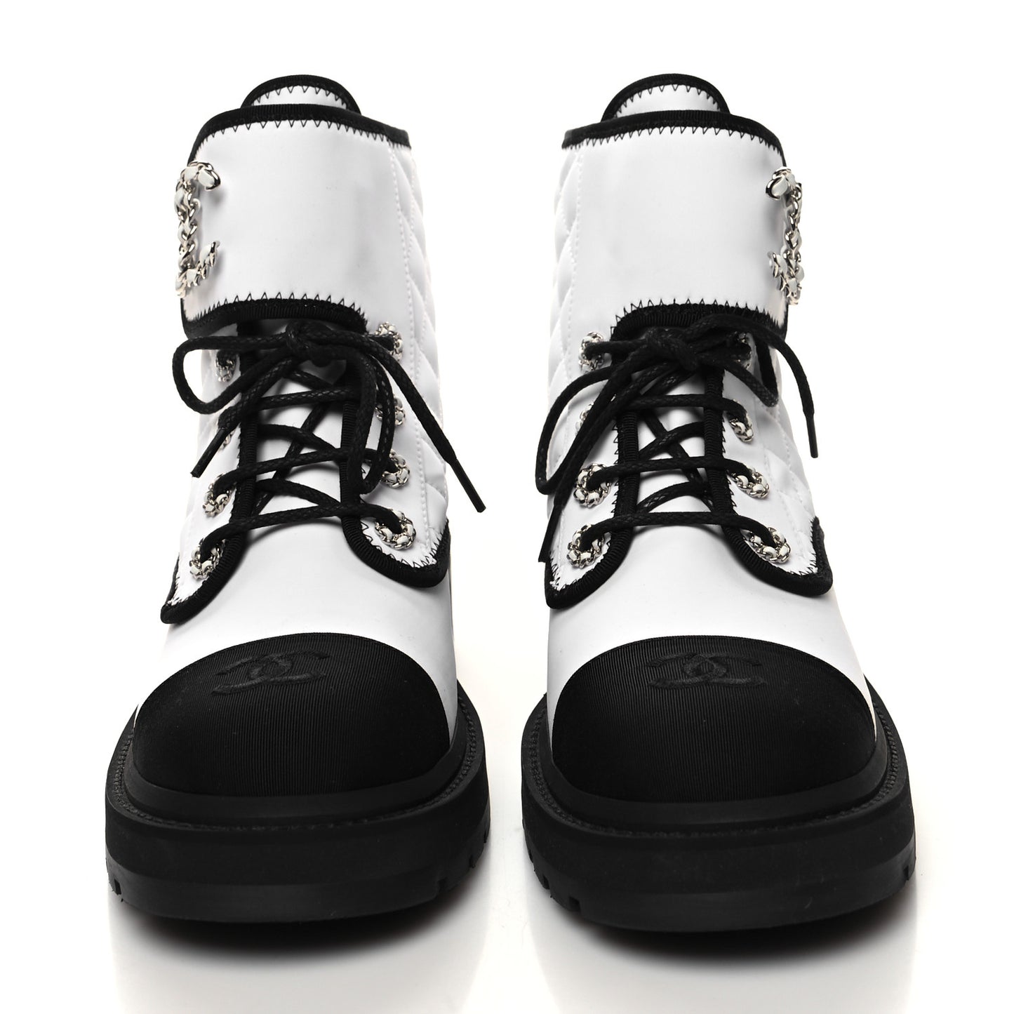 Fabric Grosgrain Quilted Cap Toe Lace Up Combat Boots 39.5 White Black