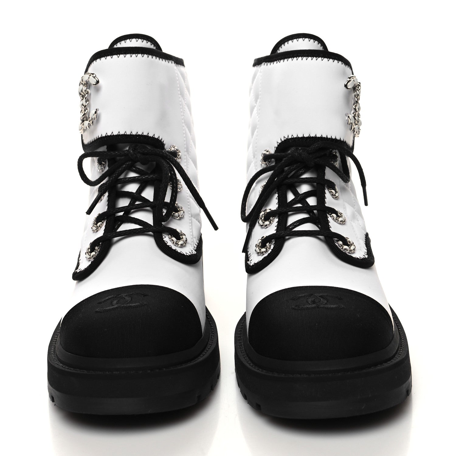 Chanel Fabric Grosgrain Quilted Cap Toe Lace Up Combat Boots 39.5 White Black 2 of 7