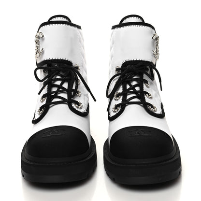 Chanel Fabric Grosgrain Quilted Cap Toe Lace Up Combat Boots 39.5 White Black 2 of 7