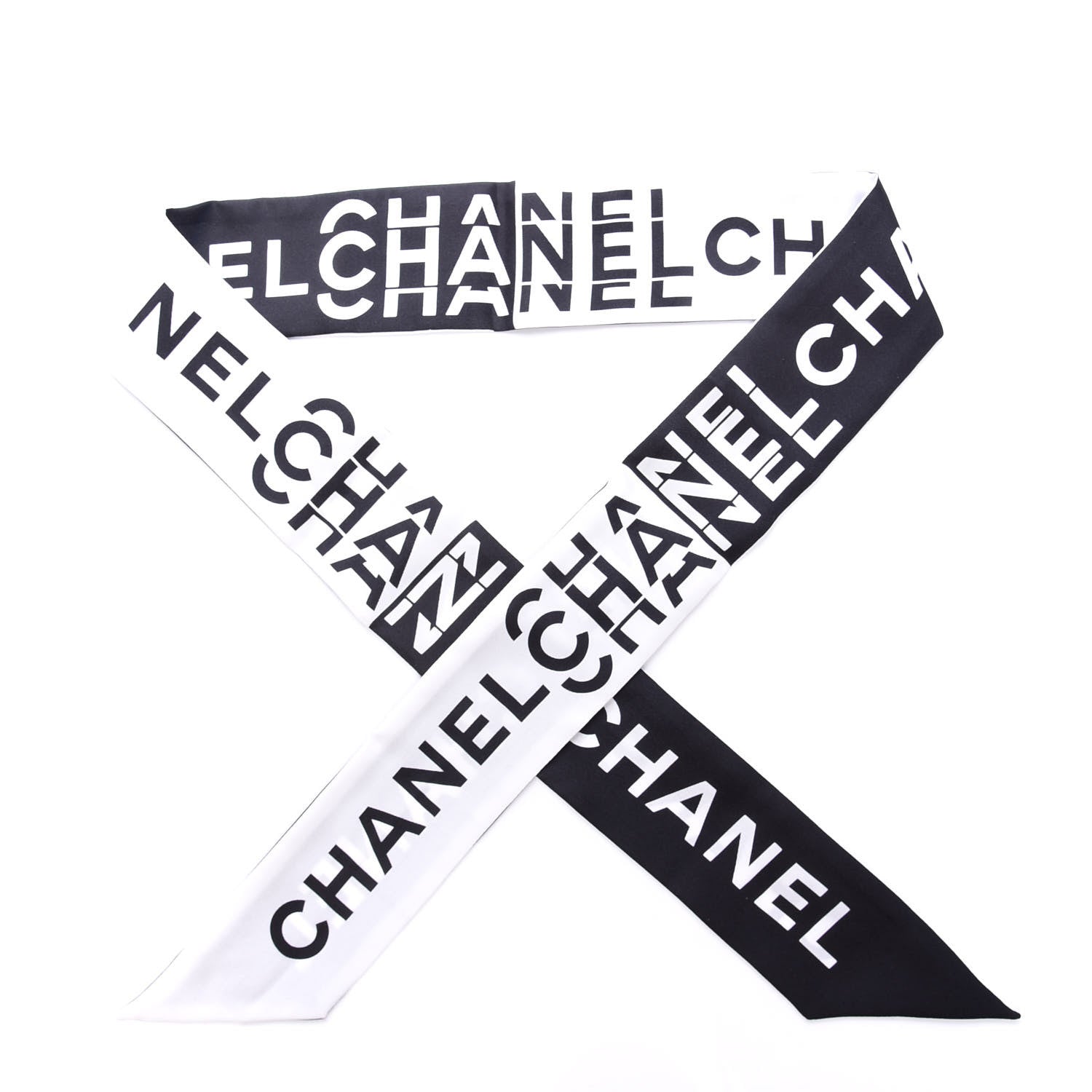 Chanel Silk Logo Slim Bandeau Scarf Black White 1 of 4
