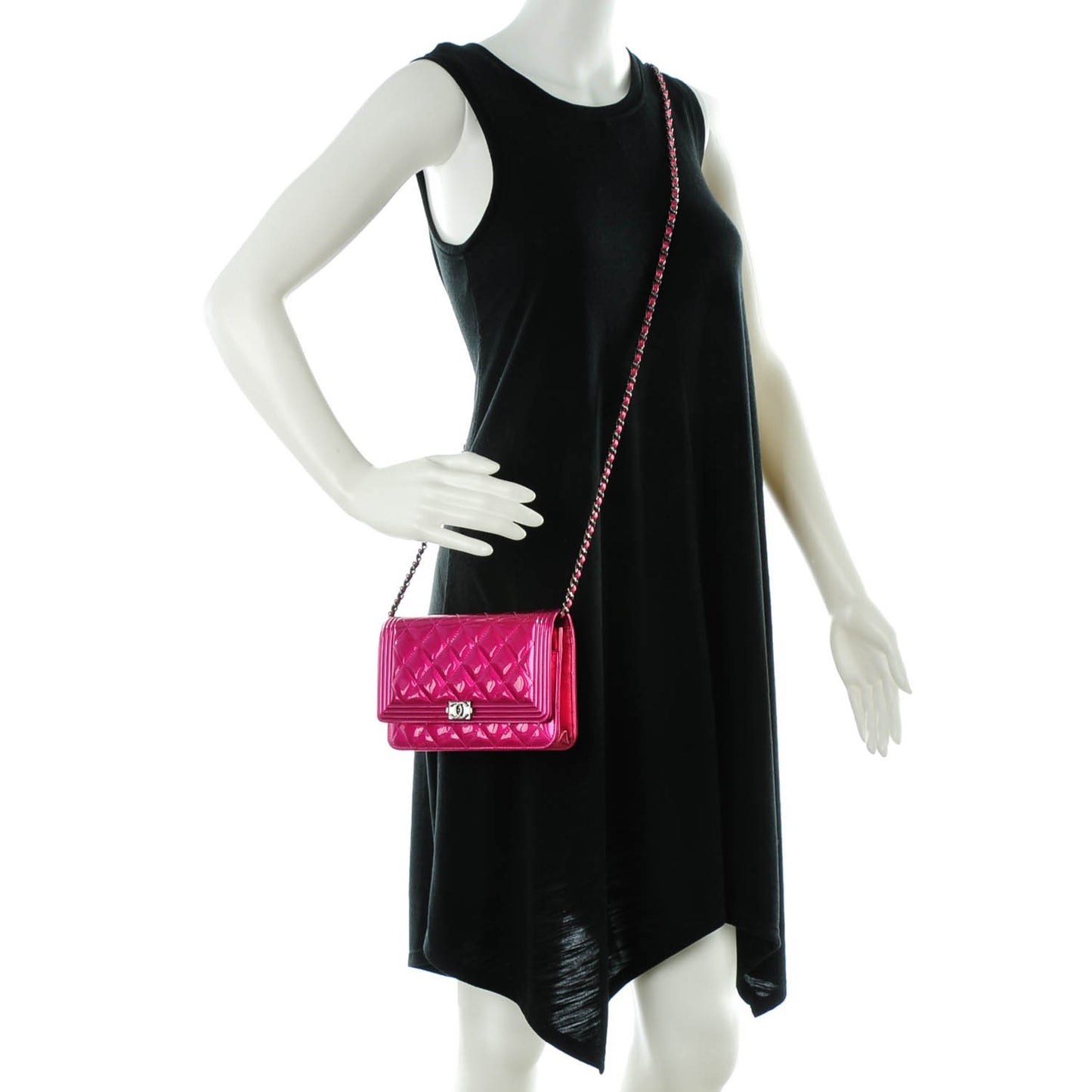 Patent Calfskin Quilted Boy Wallet On Chain WOC Fuchsia